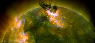 A satellite view of the solar storm that erupted on the sun June 7.