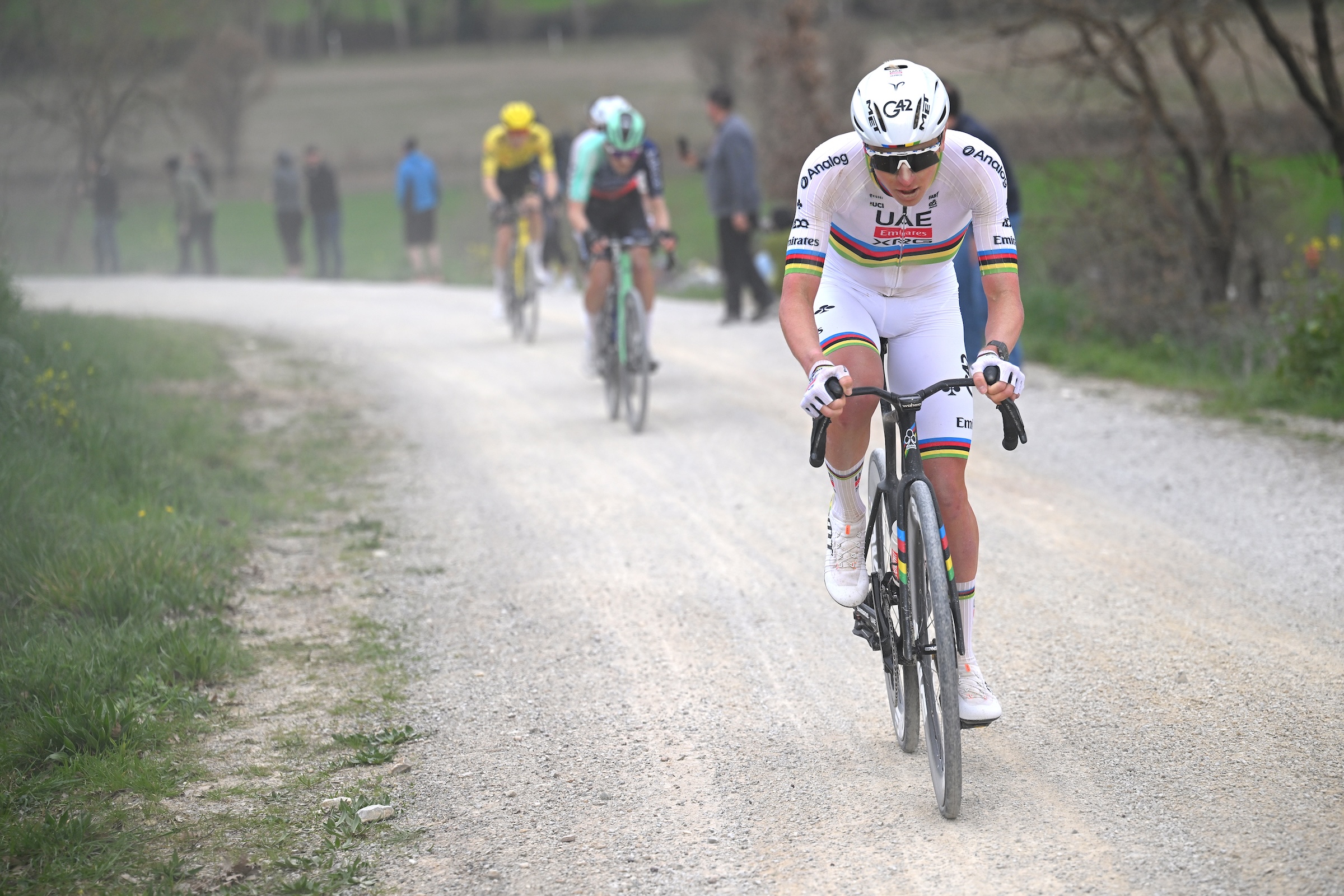 SIENA, ITALY - MARCH 07: Tadej Pogacar of Slovenia and UAE Team Emirates - XRG competes during the 20th Strade Bianche 2026 a 203km one day race from Siena to Siena / #UCIWT / on March 07, 2026 in Siena, Italy. (Photo by Tim de Waele/Getty Images)