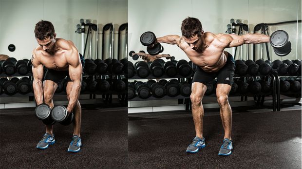 Man demonstrates two positions of the reverse flye using dumbbells in the gym