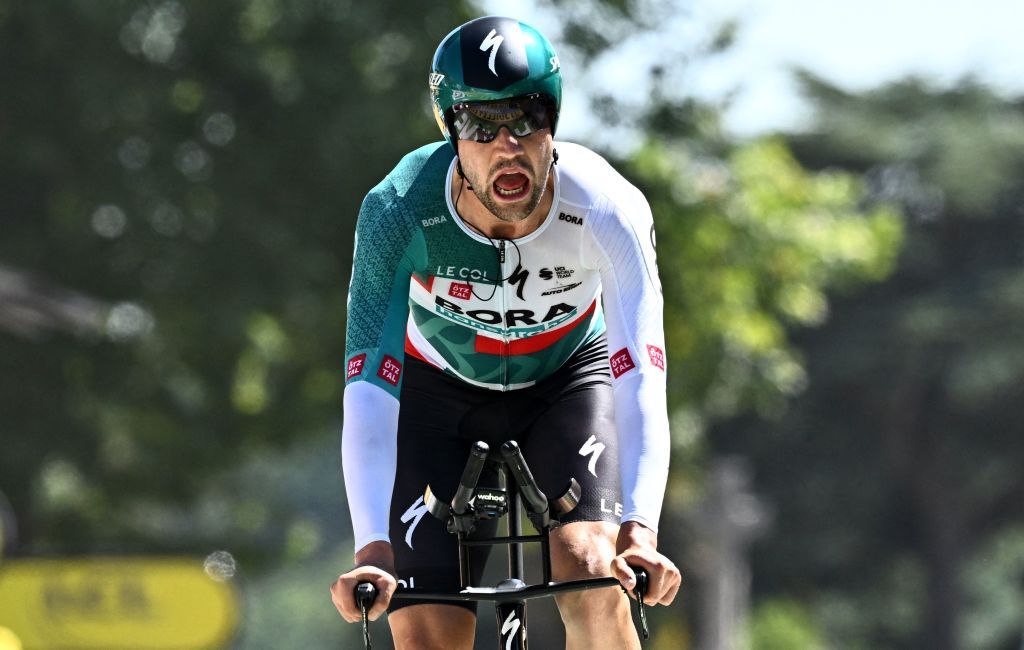 BoraHansgrohe teams German rider Maximilian Schachmann cycles to the finish line during the 20th stage of the 109th edition of the Tour de France cycling race 407 km individual time trial between LacapelleMarival and Rocamadour in southwestern France on July 23 2022 Photo by AnneChristine POUJOULAT AFP Photo by ANNECHRISTINE POUJOULATAFP via Getty Images