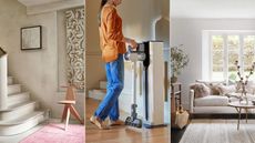 Three images in a header of clean houses and a woman docking a cordless vacuum cleaner