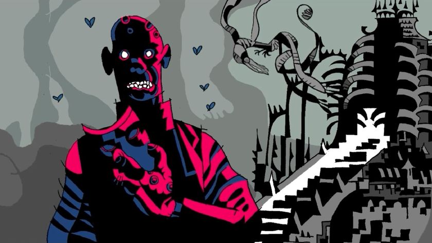 stylized drawing of Zombie removing mask in front of large mausoleum in Dread Delusion.