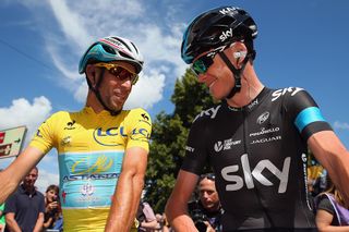 Vincenzo Nibali in yellow next to Chris Froome at the 2014 Tour de France