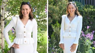 Two pictures of Jessica Ennis-Hill with orange nails and wearing a white knit co-ord whilst attending the the Stroke Association's Garden for Recovery at RHS Chelsea Flower Show 2024 on May 20, 2024 in London, England