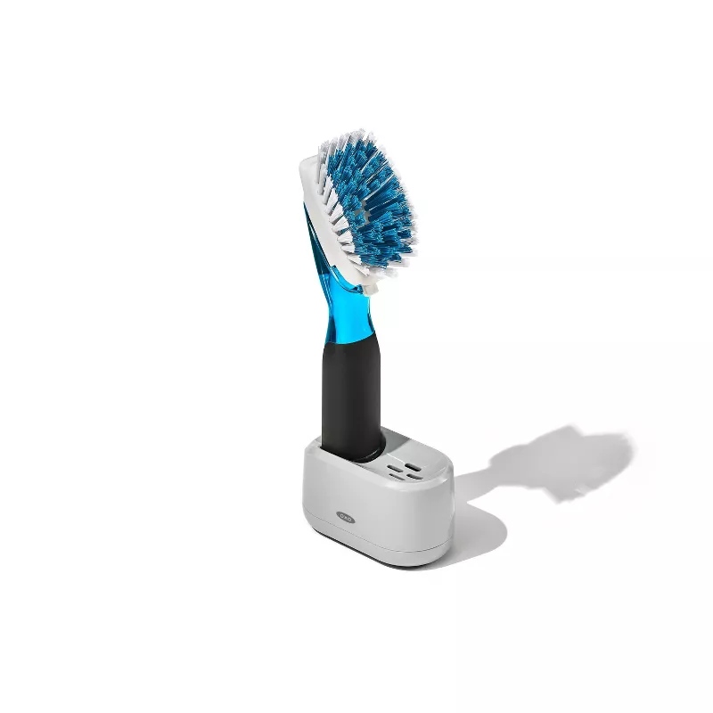 Oxo Soap Dispensing Dish Brush Storage Set: Nylon Scrub Brush for Multi-Surface Cleaning, Black