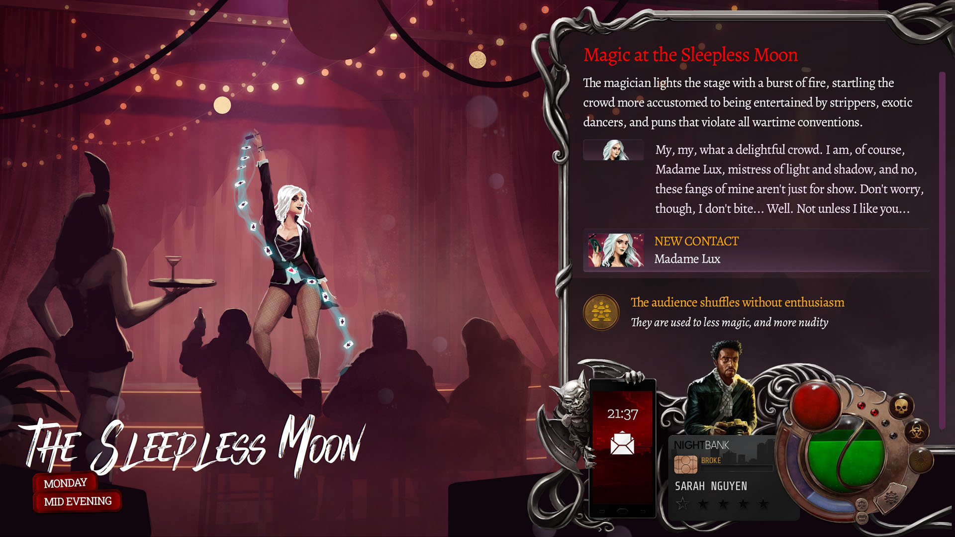 Madame Lux performs card tricks on stage at The Sleepless Moon in Nighthawks