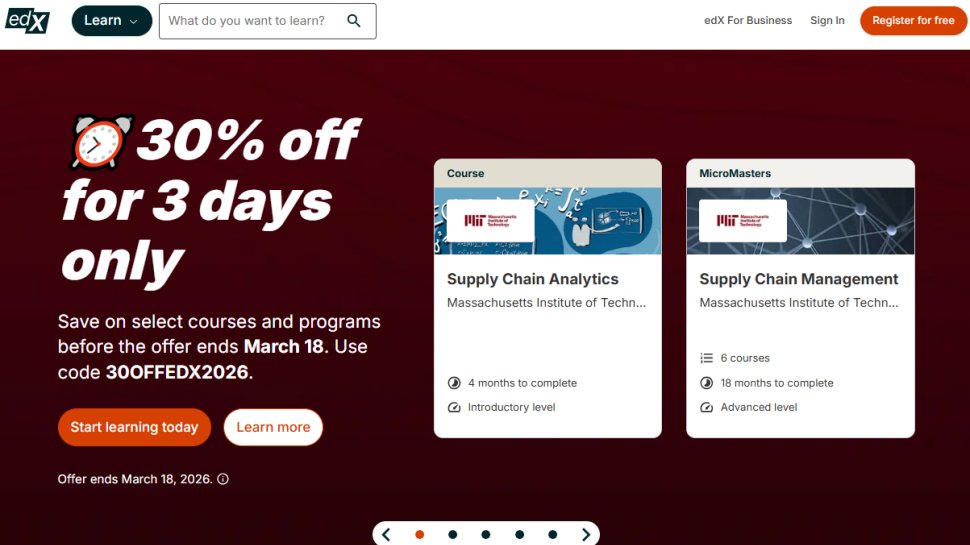 Website screenshot of edX (March, 2026)