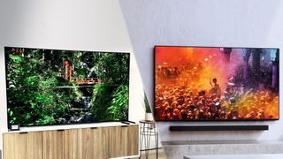 A side-by-side presentation of the 85-inch Sony X95L and the Sony Bravia 9, each in a different living space