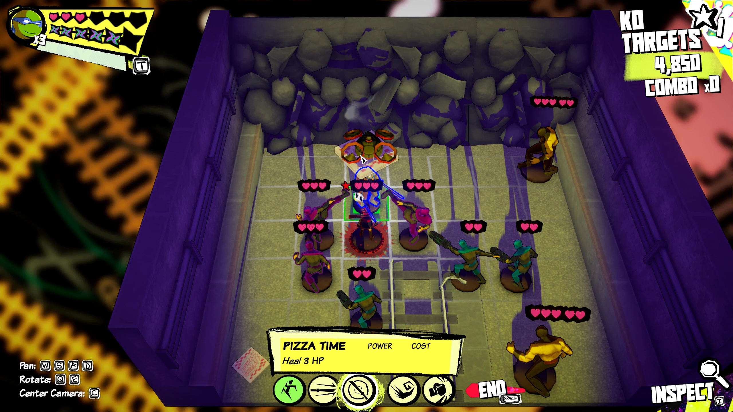 Leonardo calls in a pizza courtesy of Mikey while surrounded by enemies in Teenage Mutant Ninja Turtles: Tactical Takedown