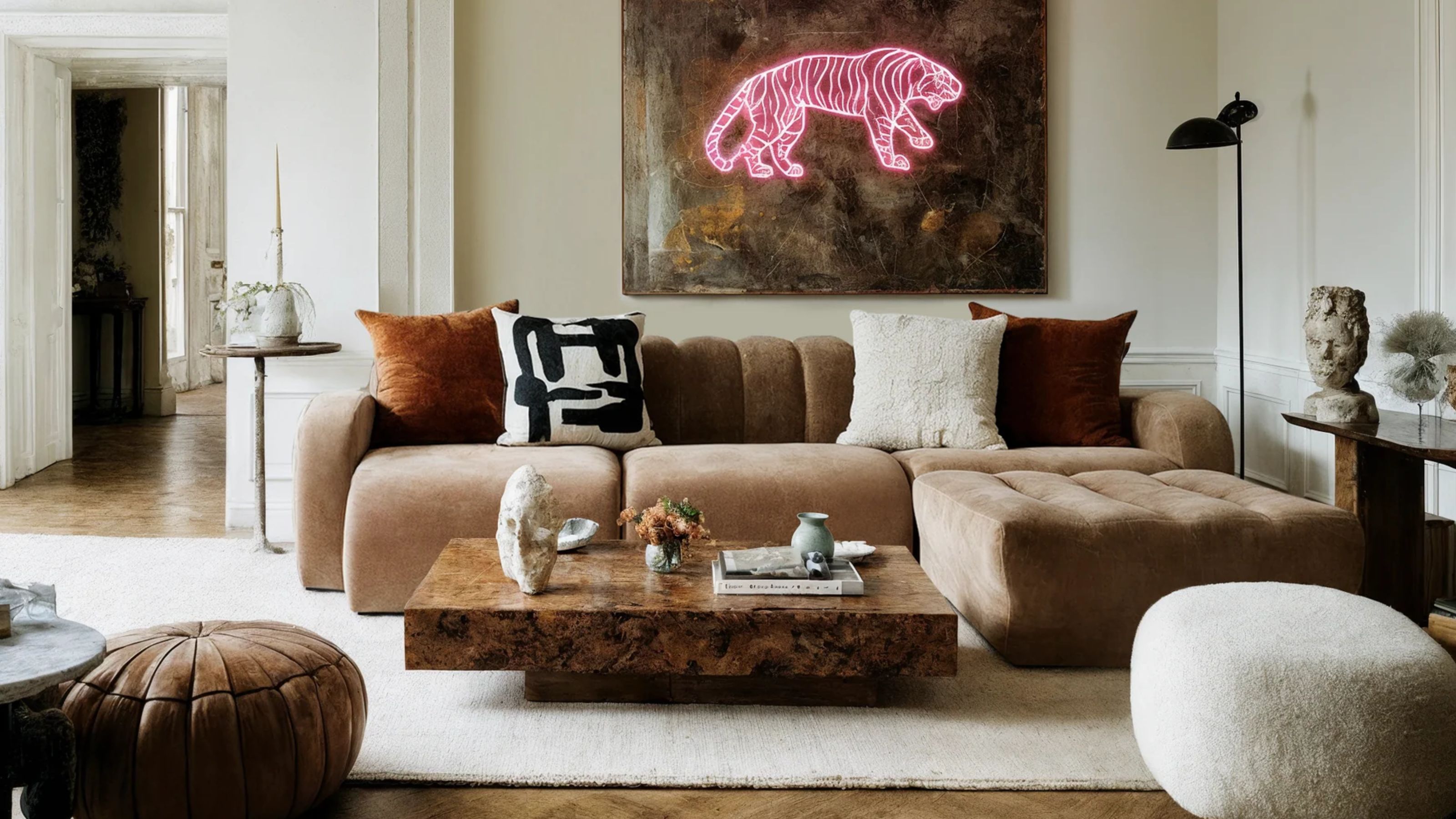 low slung brown sofa in a white living room with burl wood coffee table in the middle
