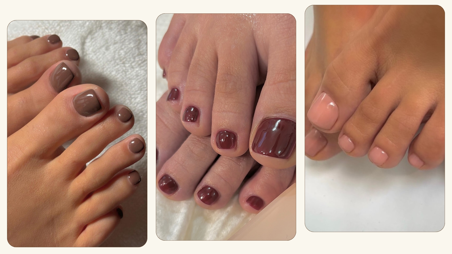 A collage of brown, red and peach pedicures