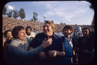 John Madden, head coach of the Oakland Raiders, celebrates after the Raiders beat the Minnesota Vikings in Super Bowl XI on January 9, 1977 at the Rose Bowl in Pasadena, California.