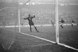 Feyenoord in action against AC Milan in the European Cup in November 1969.