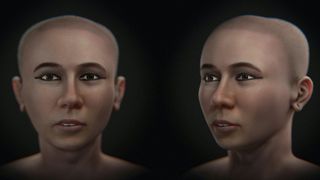 A side-by-side view of a facial approximation of King Tut. He has slight buck teeth and wears eyeliner on his lower lid.