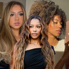Photo collage of the Biscoff bronde hair trend on celebrities and content creators