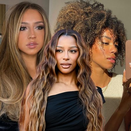 Photo collage of the Biscoff bronde hair trend on celebrities and content creators
