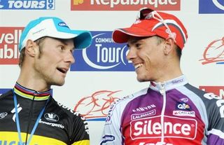Boonen and Gilbert enjoy the podium moment.