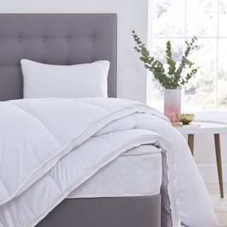 Grey bed with white bedding next to plant