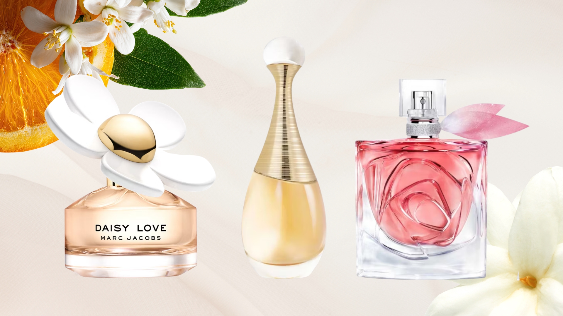 Lineup of three discounted designer perfumes in the Boots sale (L-R) from Marc Jacobs, Dior and Lancome, on a pink background with jasmine and orange blossom pictures