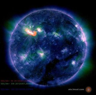 NASA's Solar Dynamics Observatory caught the huge X-class solar flare erupting from the surface of the sun on March 6, 2012.