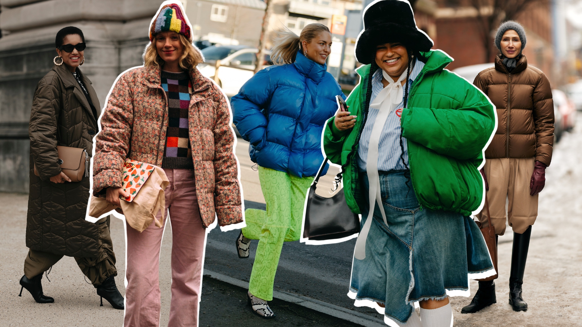 a collage of woman at fashion week wearing puffer jacket outfits