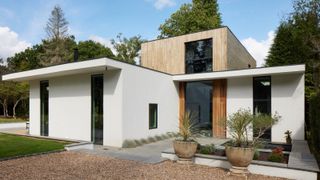 A rendered home with flat roof and timber cladding