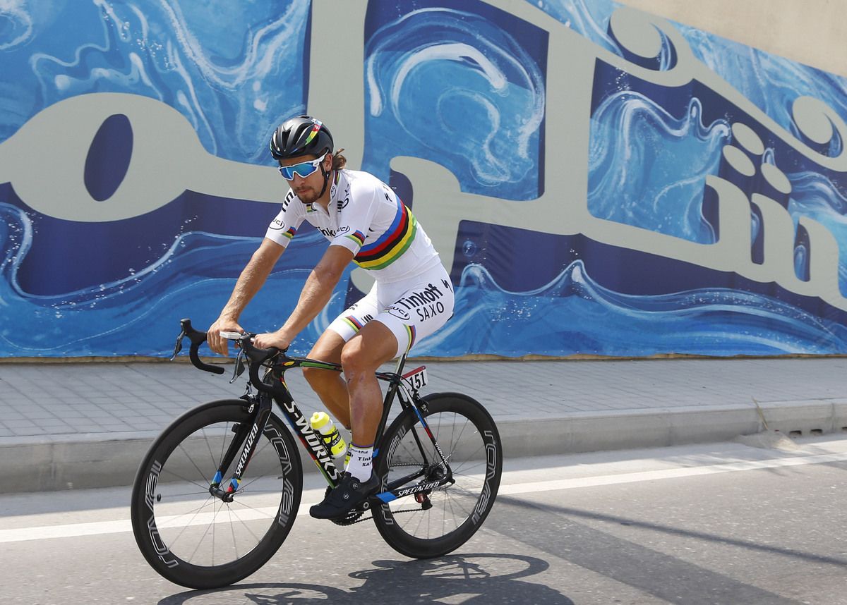 Peter Sagan showing off his rainbow jersey