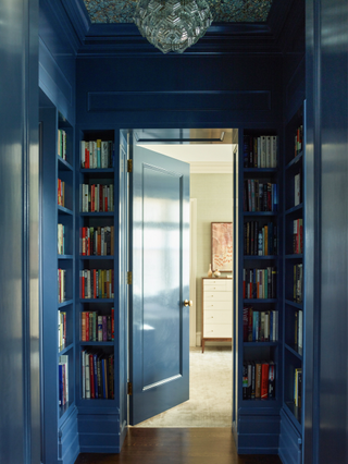 bookcase as part of walls, in gloss blue, with camouflaged door