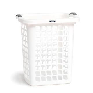A white plastic laundry hamper