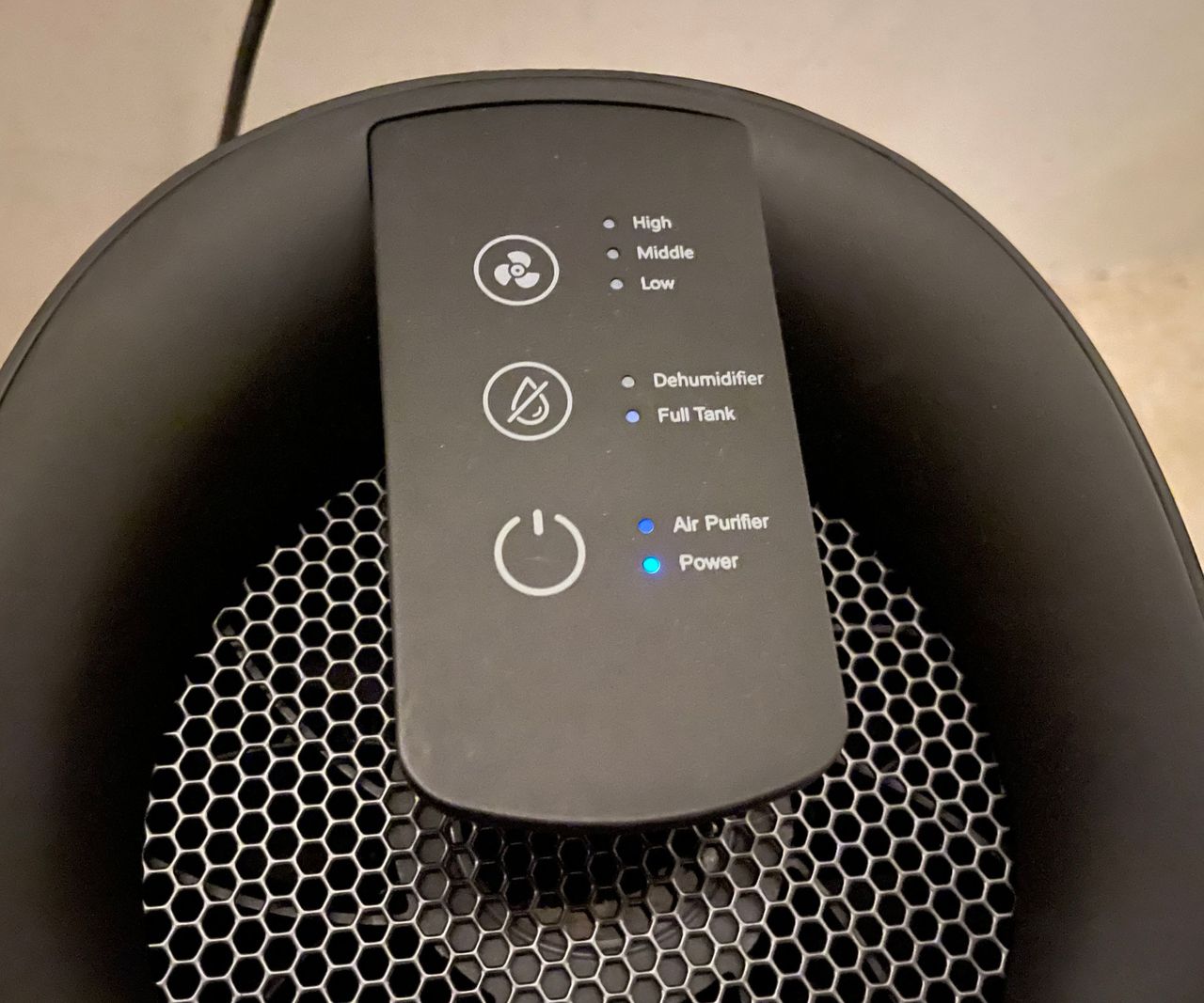 Russell Hobbs Fresh Air Pro Dehumidifier controls with large icons and text
