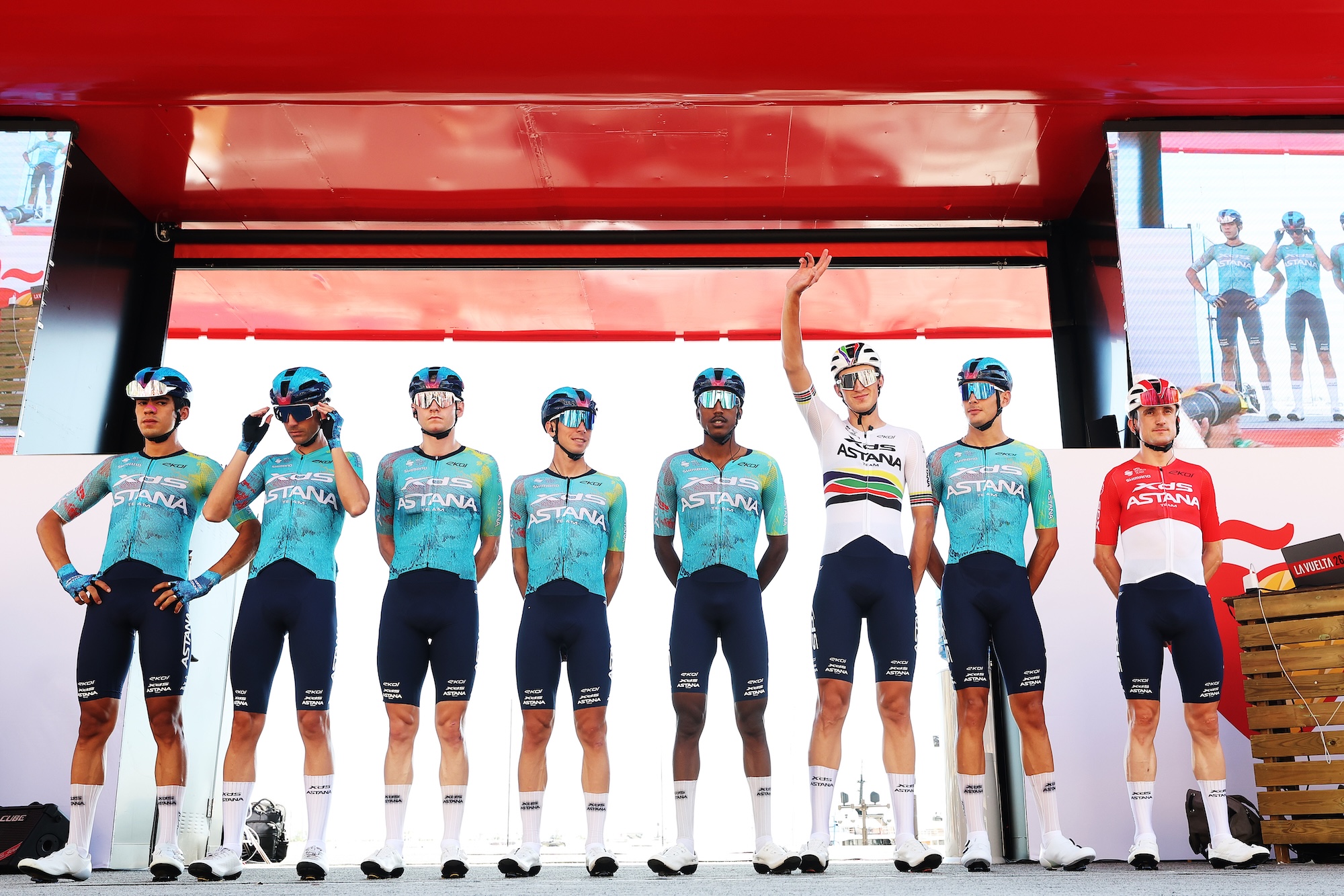 MONACO, MONACO - AUGUST 23: A general view of Harold Tejada of Colombia, Yevgeniy Fedorov of Kazakhstan, Lorenzo Fortunato of Italy, Victor Langellotti of Monaco, Henok Mulubrhan of Eritrea, Cristian Rodriguez of Spain, Alessandro Romele of Italy, Darren Van Bekkum of Netherlands and Team XDS Astana prior to the La Vuelta - 81st Tour of Spain 2026, Stage 2 a 214.3km from Monaco to Manosque 408m / #UCIWT / on August 23, 2026 in Monaco, Monaco. (Photo by Alexander Hassenstein/Getty Images)
