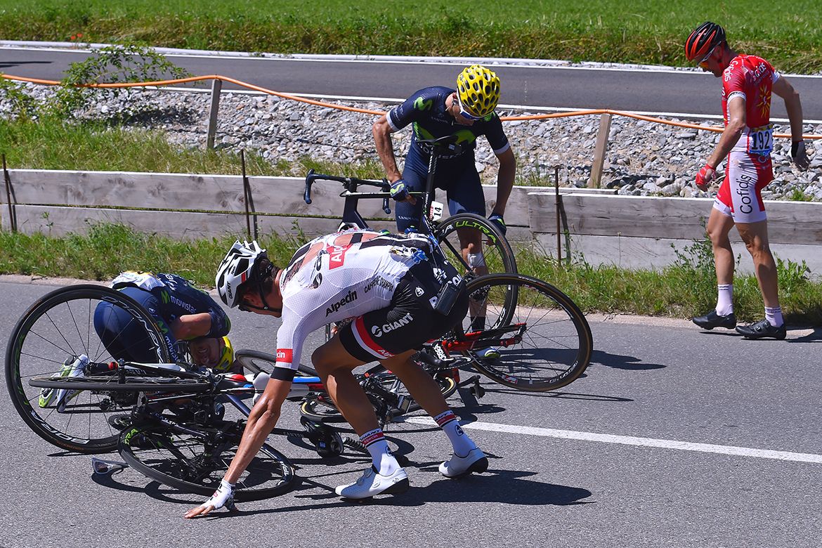 Warren Barguil (Giant-Alpecin), Imanol Erviti, Gorka Izagirre (Movistar) and Borut Bozic (Cofidis) untangle themselves after the early crash