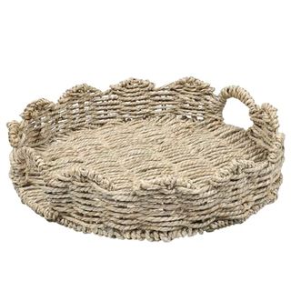 Frtim Scalloped Edge Round Decorative Serving Tray With Handles Woven Ottoman Trays for Coffee Table, Natural Seagrass Rattan Tray(13 Inch X 2.75 Inch)