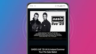 A phone screen on a pink and blue background showing the Oasis pre-sale sign-up page