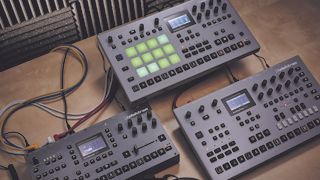 Elektron Octatrack MKII, Analog Rytm MKII & Analog Four MKII on a wooden table