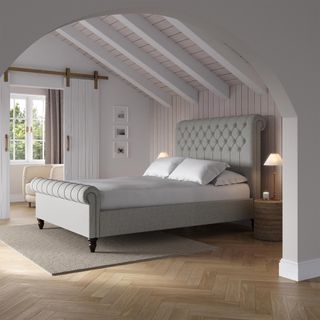 grey scroll bed frame in bedroom