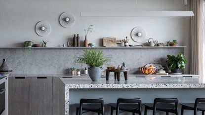 a modern grey kitchen with decorated kitchen countertops