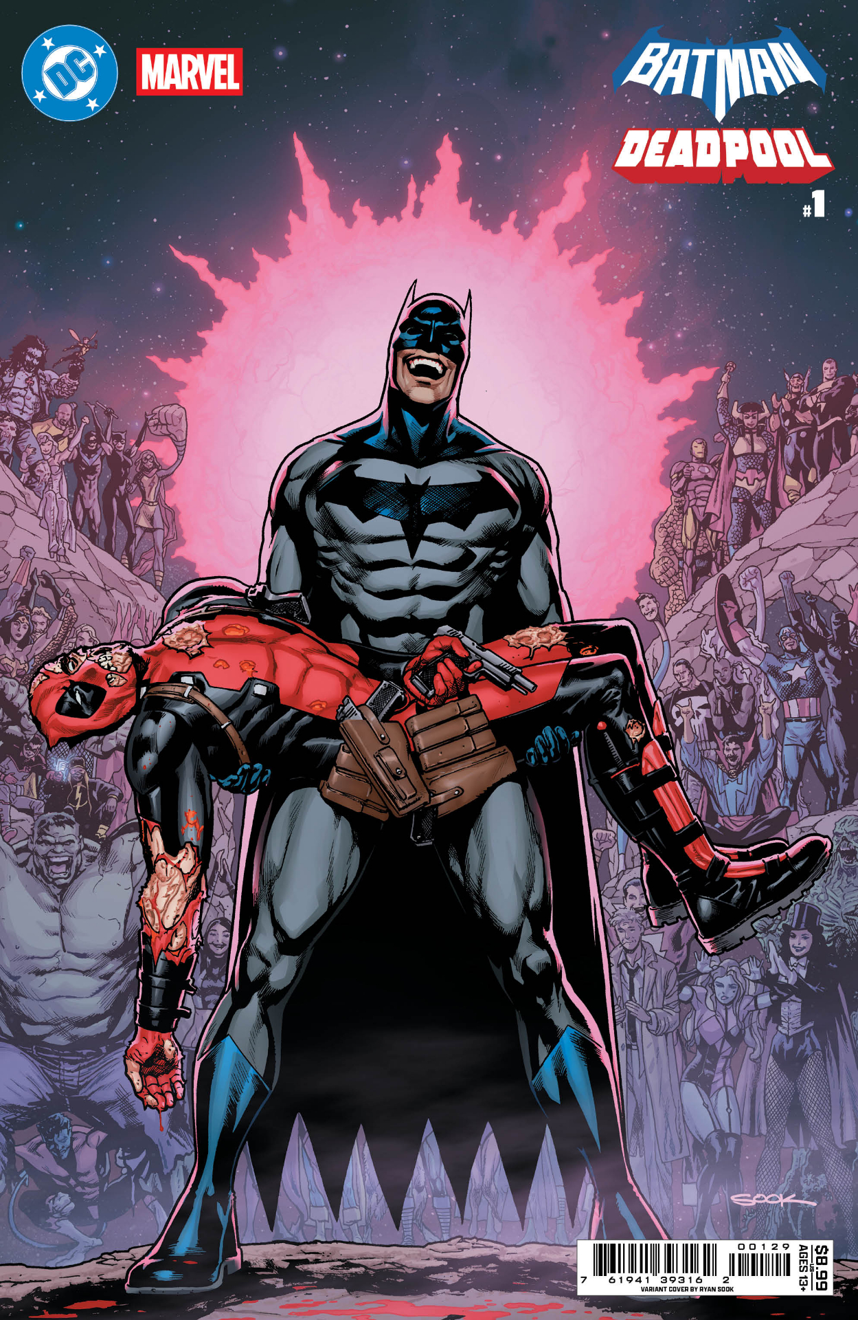 Batman wailing while holding Deadpool's corpse in an homage to the cover of Crisis on Infinite Earths #7