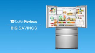 Whirlpool WRX735SDHZ French Door refrigerator on blue background with text: Top Ten Reviews BIG SAVINGS
