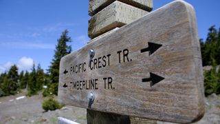 A close-up of a wooden sign that marks the intersection of the timberline, and pacific crest trails. It was taken on the southern slopes of Mount Hood