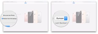 Backing up iPhone on iTunes showing steps to Click Restore from this backup, choose backup