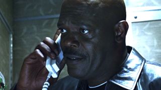 Samuel L. Jackson on the phone during Snakes on a Plane