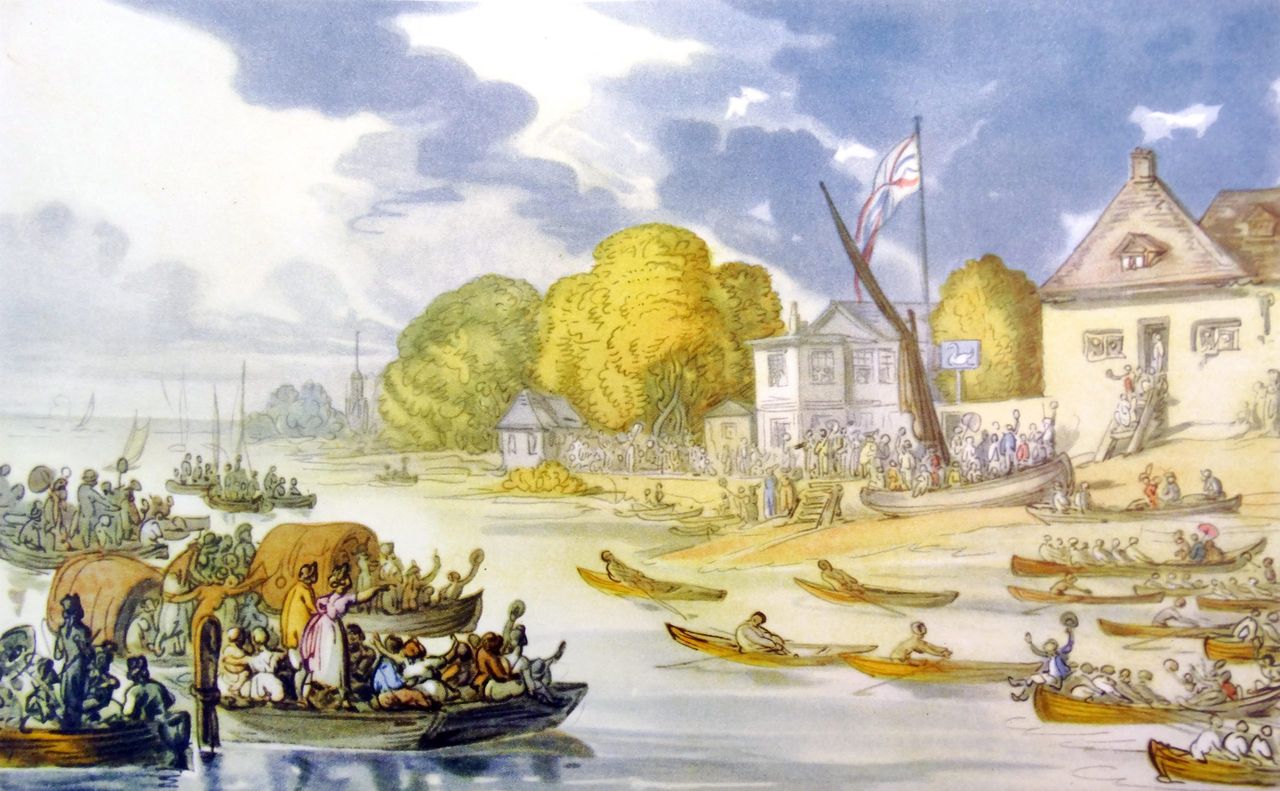 The Race for Doggett&#039;s Coat and Badge, as painted by Georgian caricaturist and artist Thomas Rowlandson.