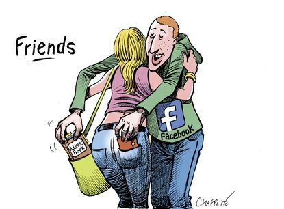 Political cartoon U.S. Mark Zuckerberg Facebook Cambridge Analytica data privacy scandal friends