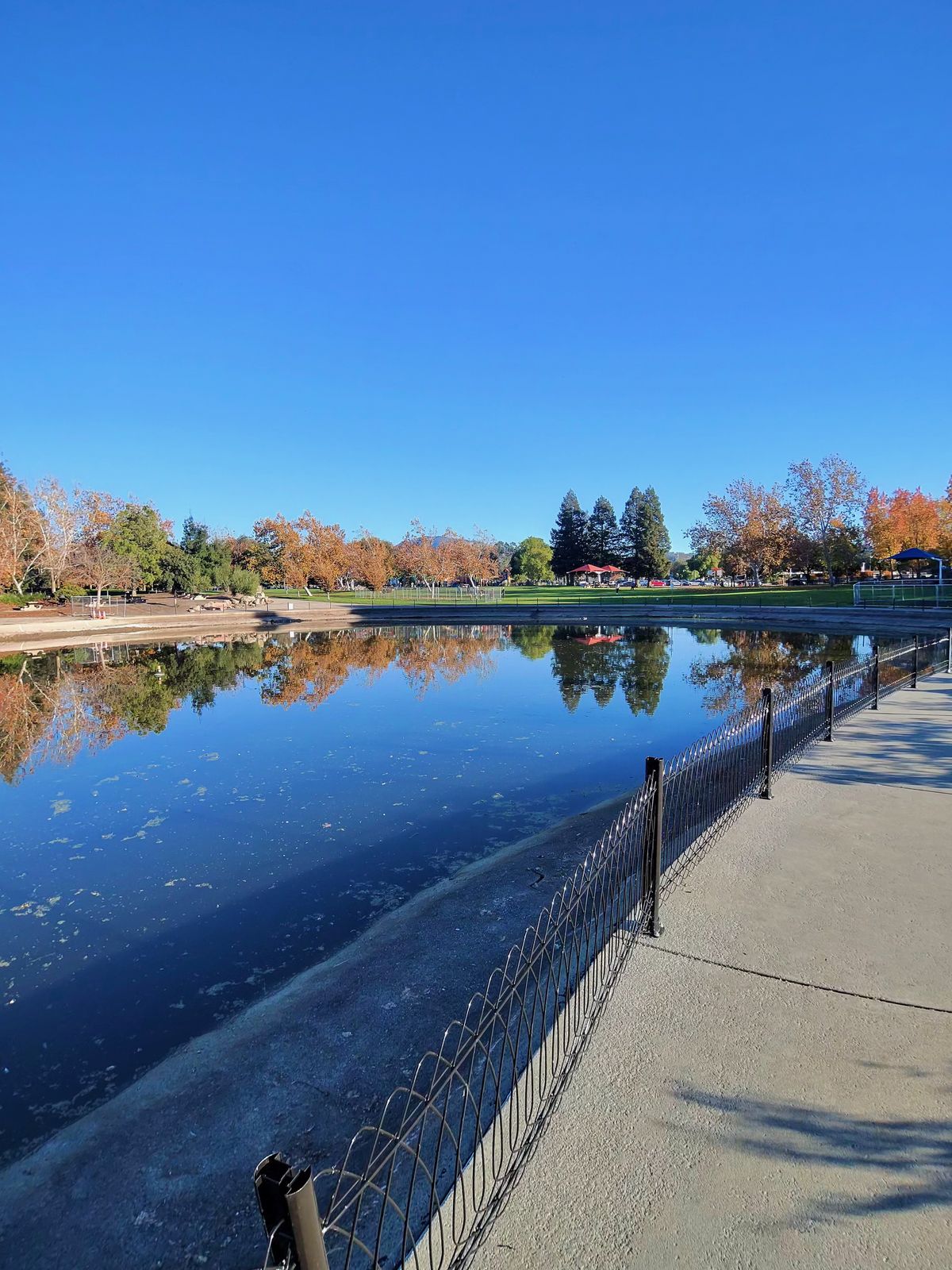 A photo taken with the Oakley Meta Vanguard smart glasses, showing a lake in front of a park.