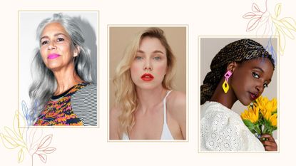 Collage of three models wearing spring makeup looks including colorful lipstick on a beige background