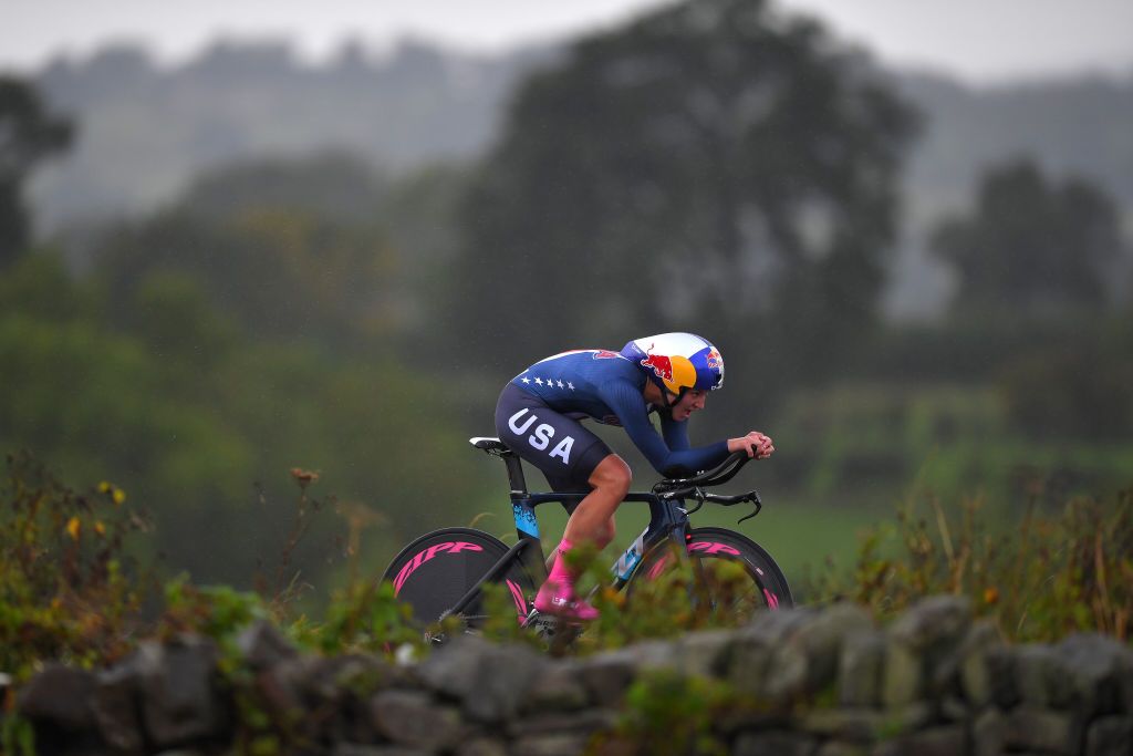 Chloe Dygert Owen races in the Yorkshire rain