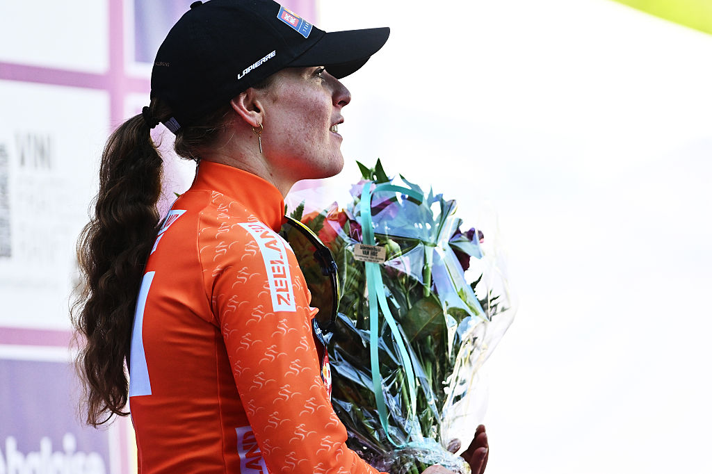 OLSENE, BELGIUM - JULY 18: Charlotte Kool of Netherlands and Team Picnic PostNL celebrates at podium as Orange Best Dutch Rider Jersey winner during the 11th Baloise Ladies Tour 2025, Stage 2 a 127.3km stage from Olsene to Olsene on July 18, 2025 in Olsene, Belgium. (Photo by Luc Claessen/Getty Images)