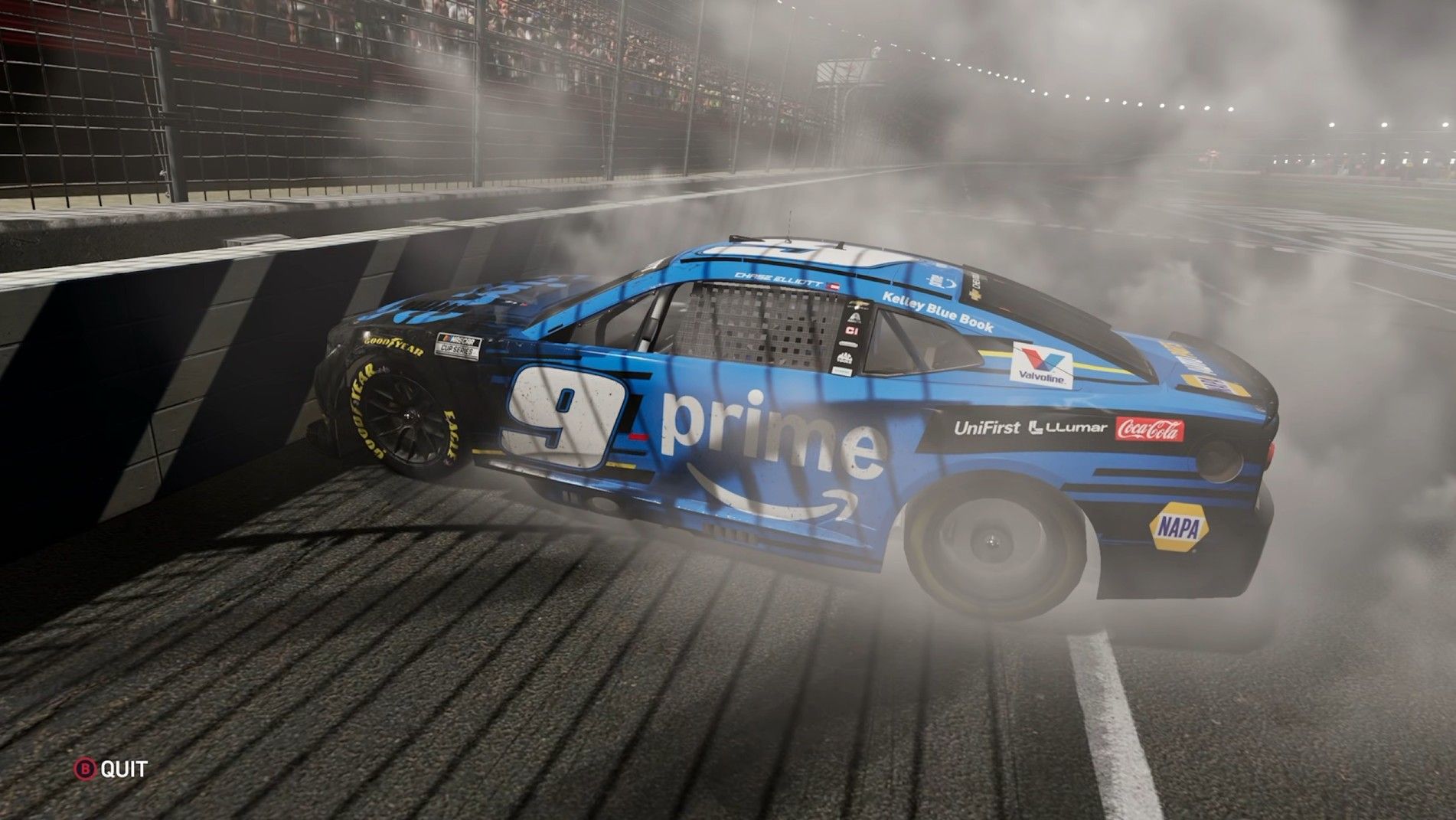 A screenshot from NASCAR 26 of the number 9 Prime Chevrolet doing a burnout at Charlotte Motor Speedway.