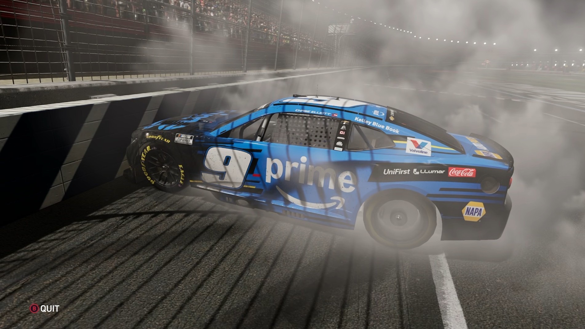 A screenshot from NASCAR 26 of the number 9 Prime Chevrolet doing a burnout at Charlotte Motor Speedway.